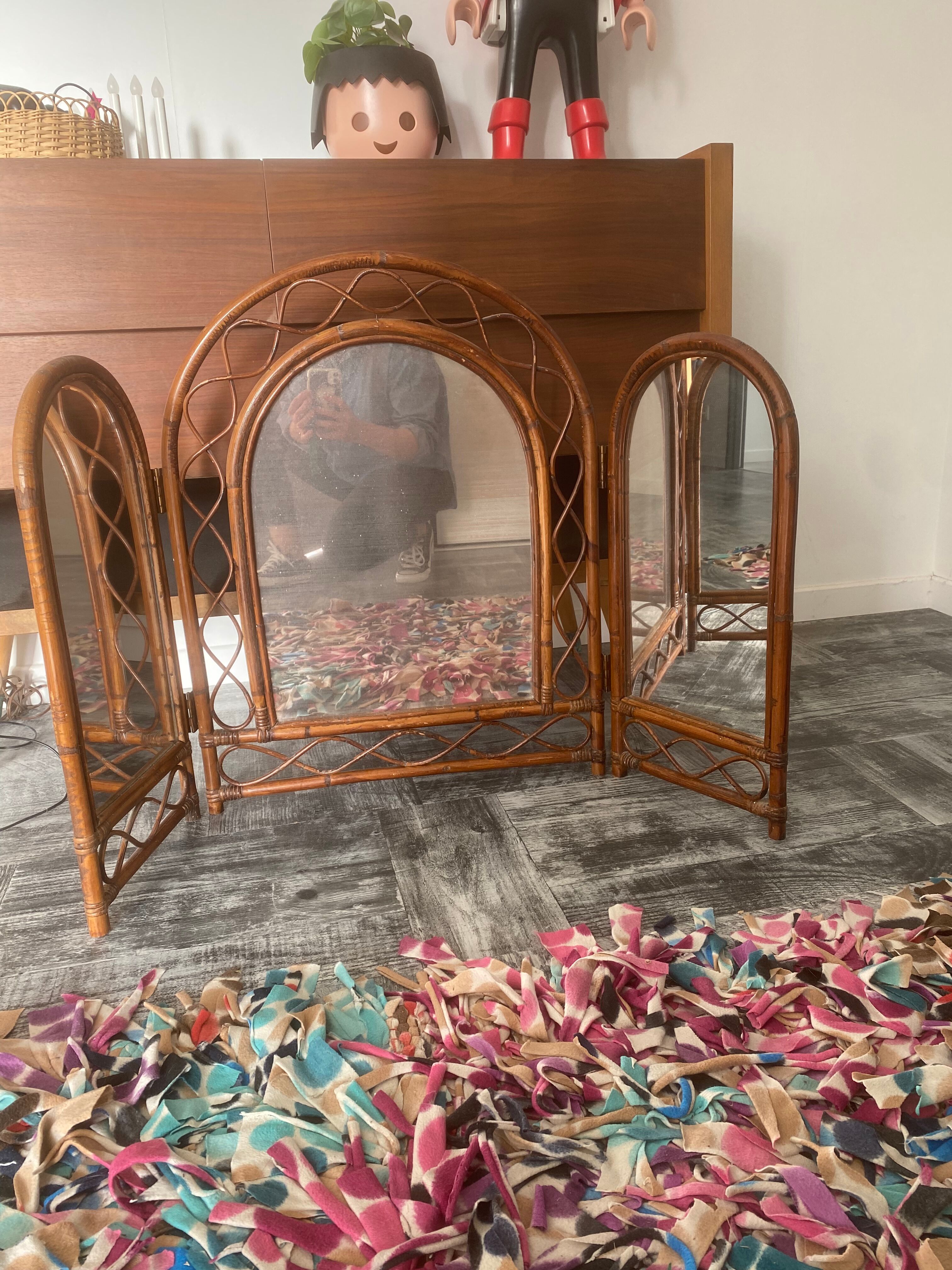 Large triptych rattan mirror 105x68cm