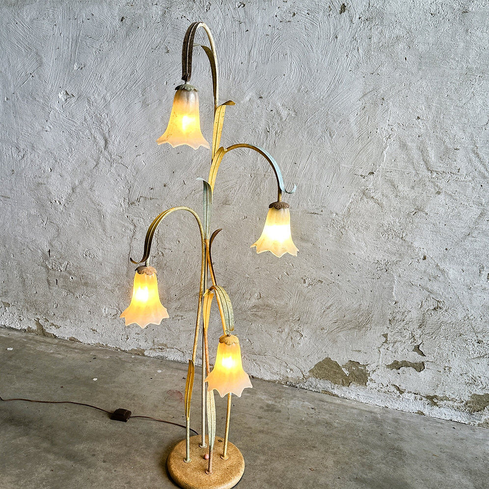 Mid-century elegant toleware floral floor lamp with glass pendants, France 1980