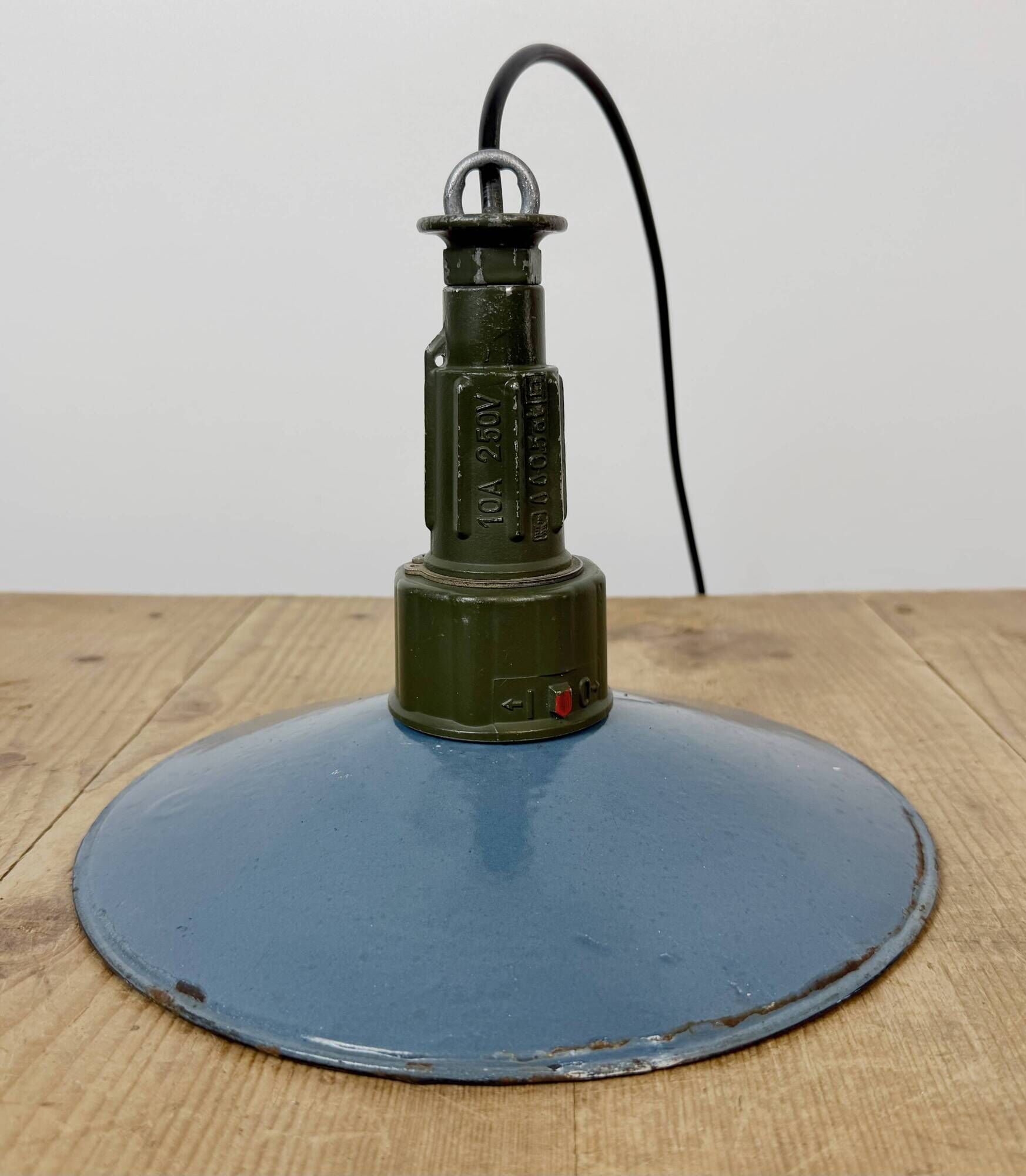 Industrial Blue Enamel Military Pendant Lamp with Cast Aluminium Top, 1960s