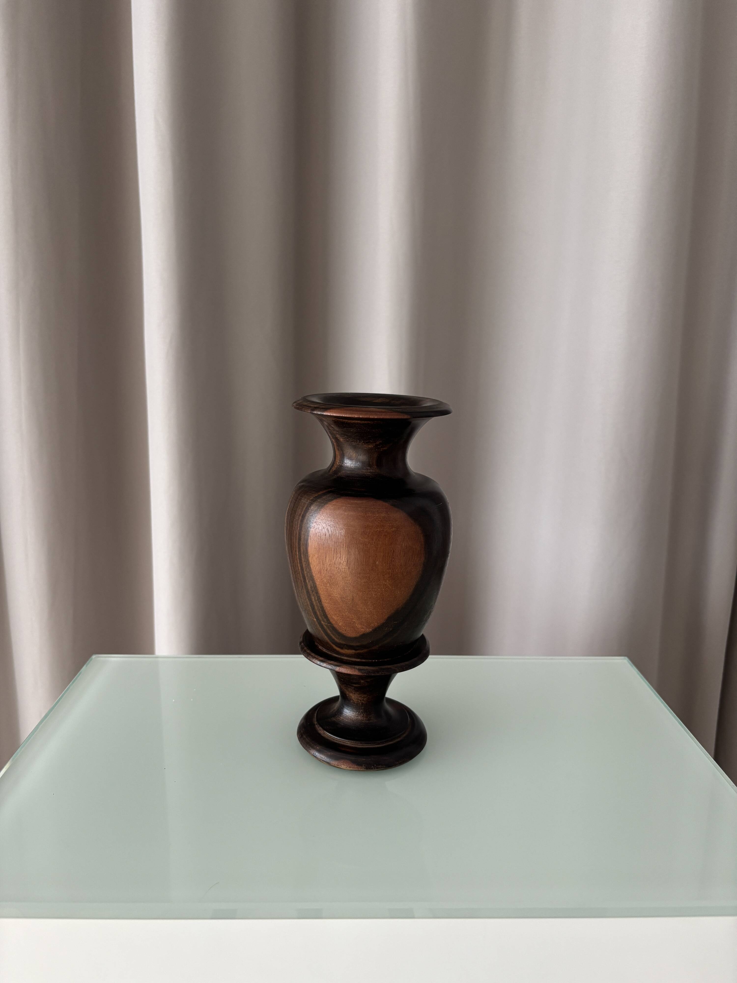 Vintage Sculptural Turned Wood Vase – Dark Hardwood – 20 cm