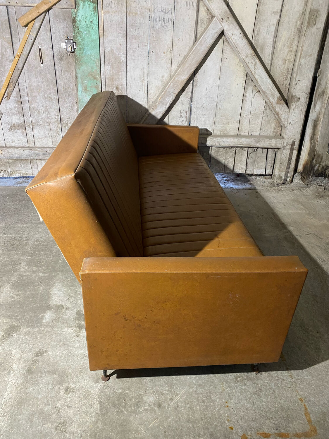 Vintage 60s 70s Brown Faux Leather Sofa Bed with Armrests #D4