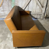 Vintage 60s 70s Brown Faux Leather Sofa Bed with Armrests #D4