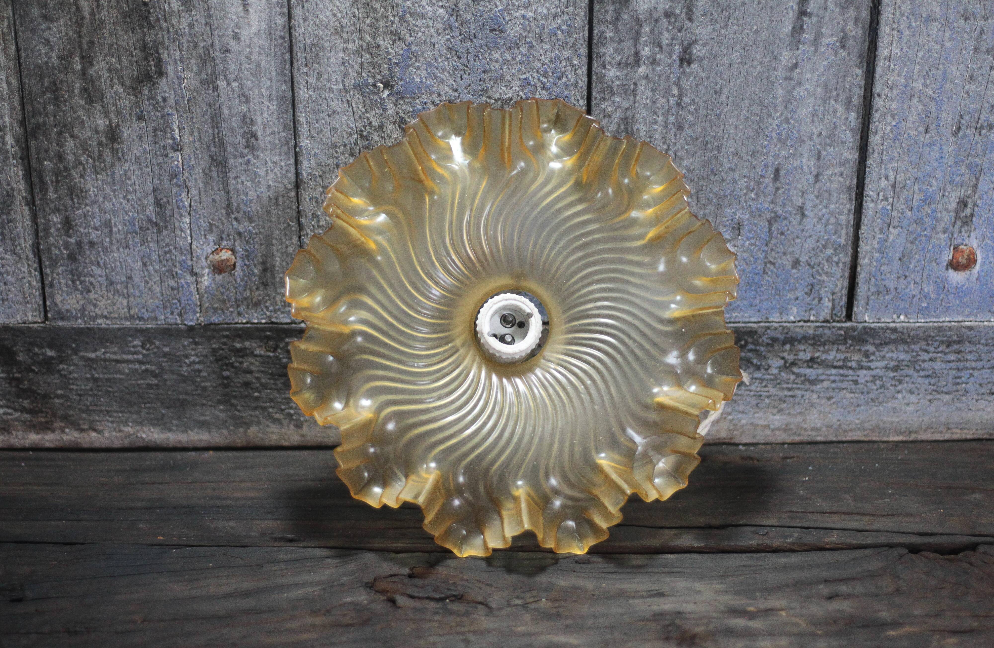 Vintage yellow glass suspension with corolla, glass chandelier, ceiling lamp.