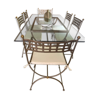 Table métal et verre avec chaises et fauteuils