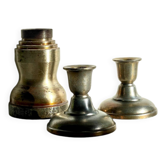 Bougeoirs industriels acier et bronze argenté vintage