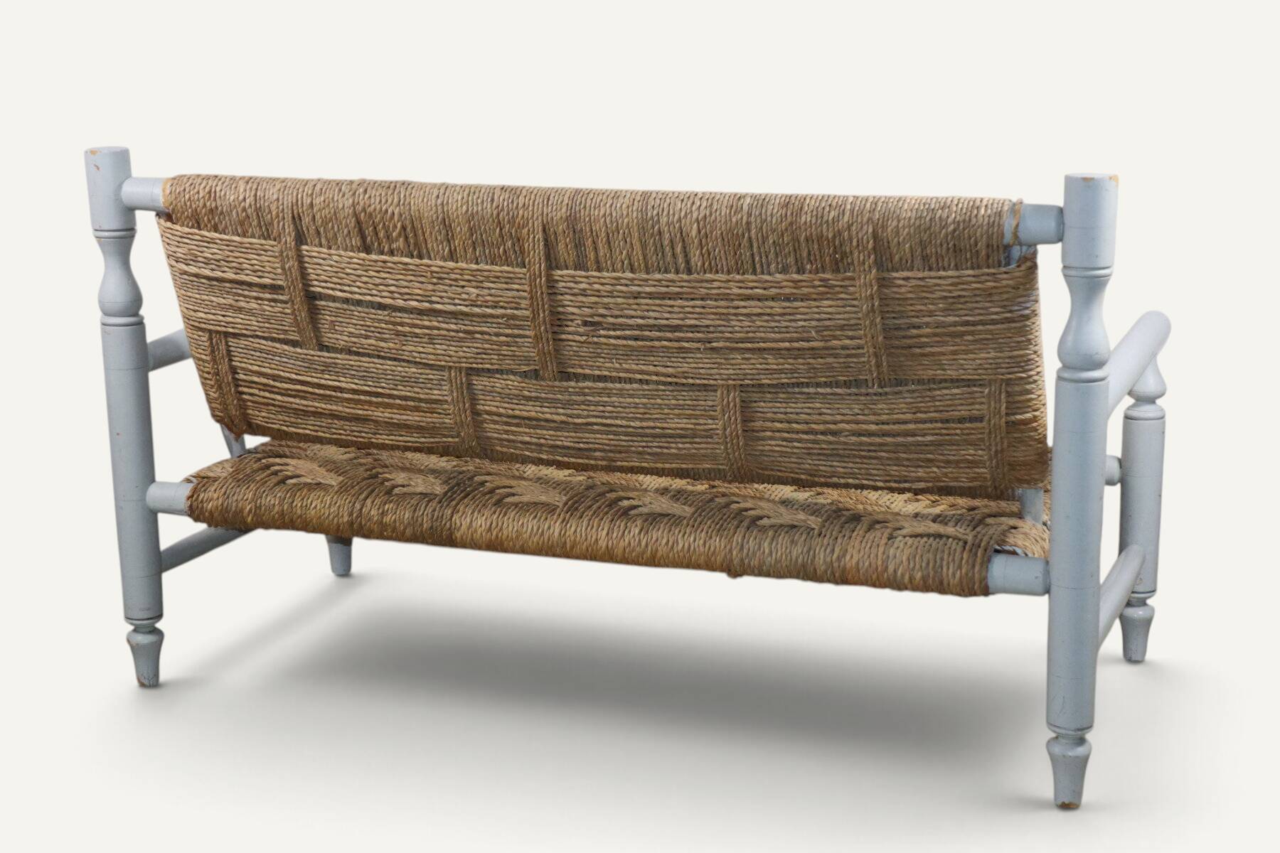 Vintage bench in braided rope and painted wood, 1950s-60s.