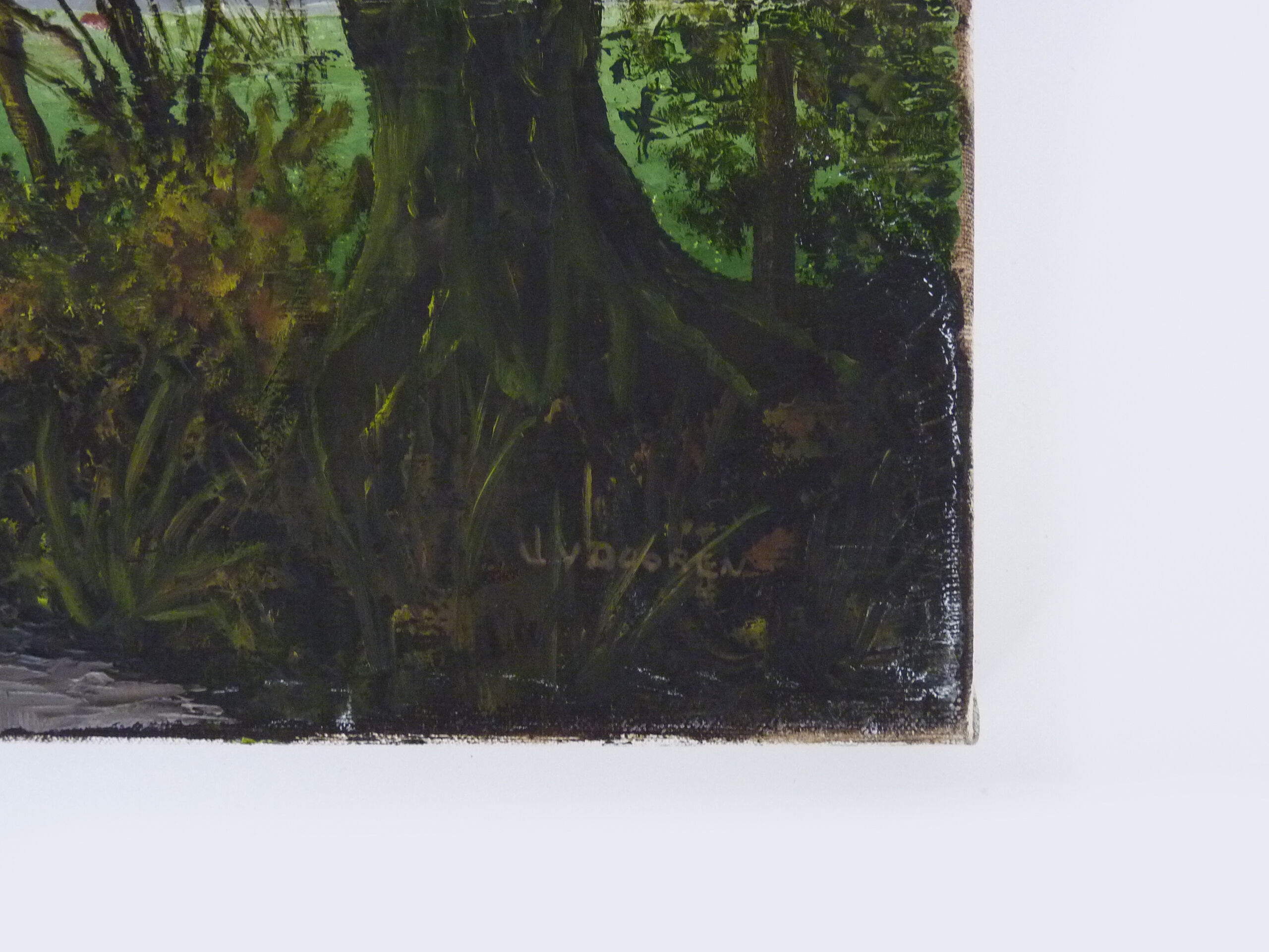 Oil on canvas village by Jan Van Dooren, autumn landscape. Signed. 70s