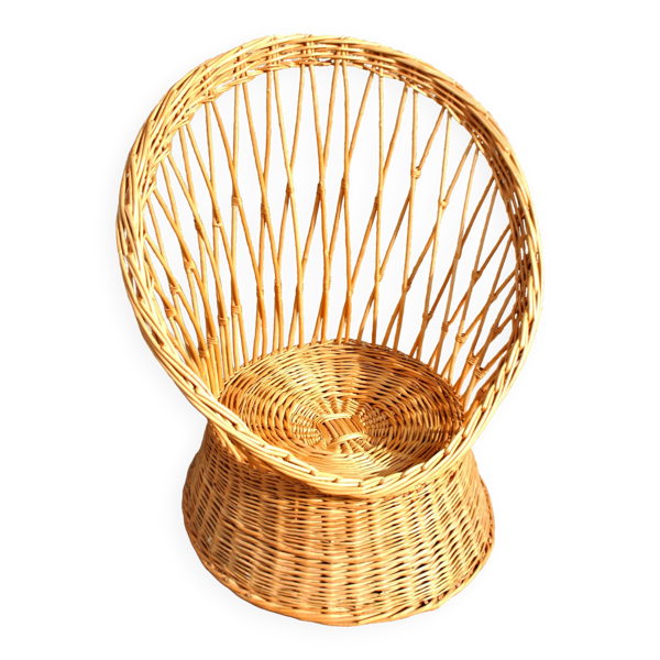 Fauteuil corbeille vintage en rotin tressé - assise ronde Design 1960-1970