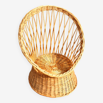 Vintage basket armchair in woven rattan - round seat Design 1960-1970