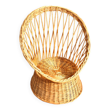 Fauteuil corbeille vintage en rotin tressé - assise ronde Design 1960-1970