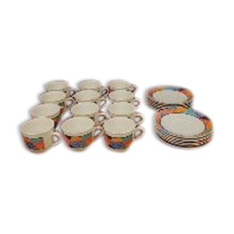 12 multicolored cups and saucers