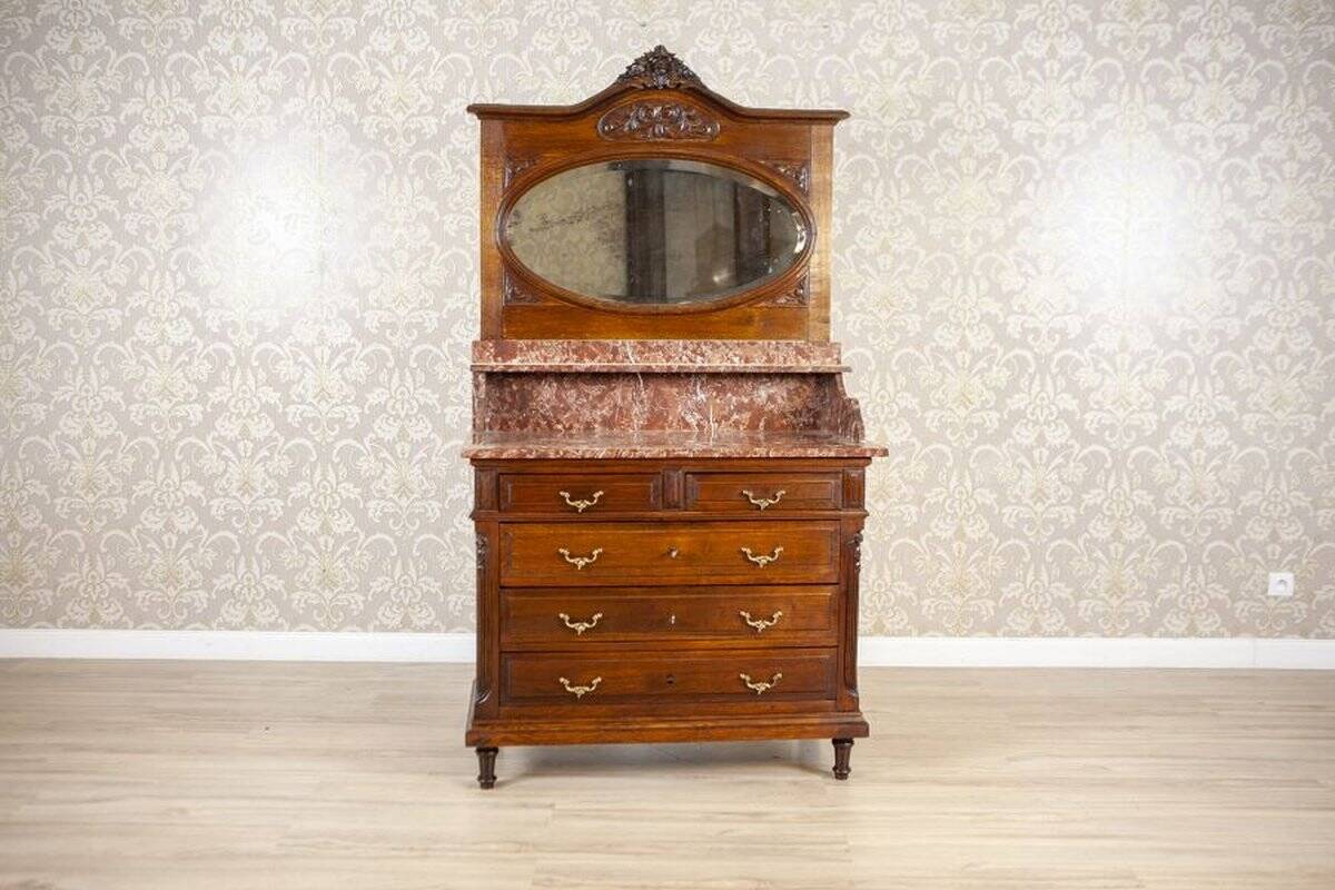 Interwar Walnut Vanity Dresser with Marble Top, 1930s