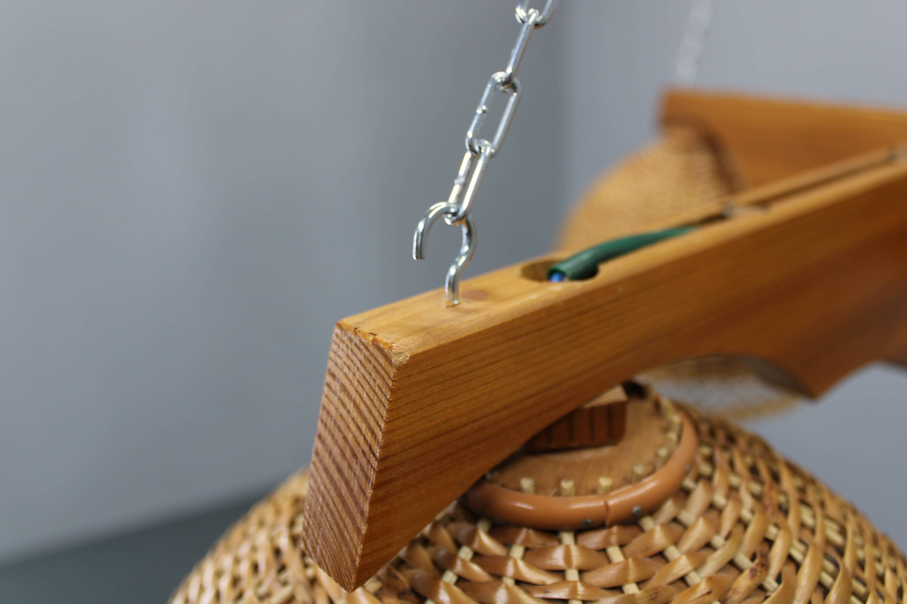 1970s Czechoslovakian rattan & pine pendant light, three-shade chandelier