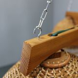 1970s Czechoslovakian rattan & pine pendant light, three-shade chandelier