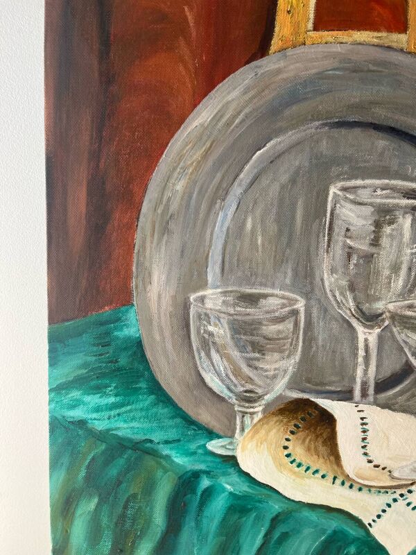 Nature morte, carafe et verres, huile sur carton signé Francine Dubois