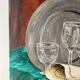 Still life, carafe and glasses, oil on cardboard signed Francine Dubois.