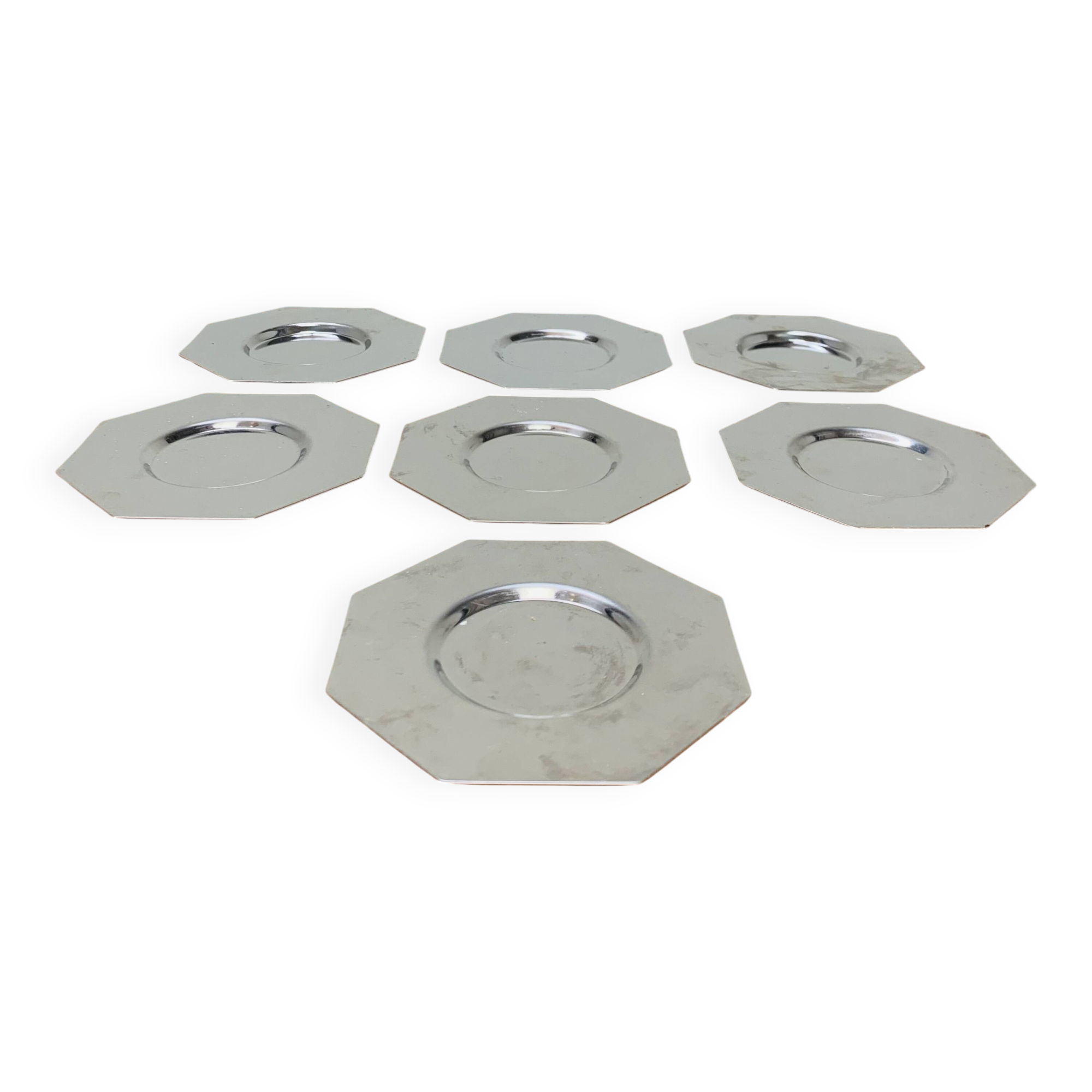 7 vintage octagonal stainless steel coasters