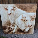 Peinture Huile sur panneau bois représentant des boeufs