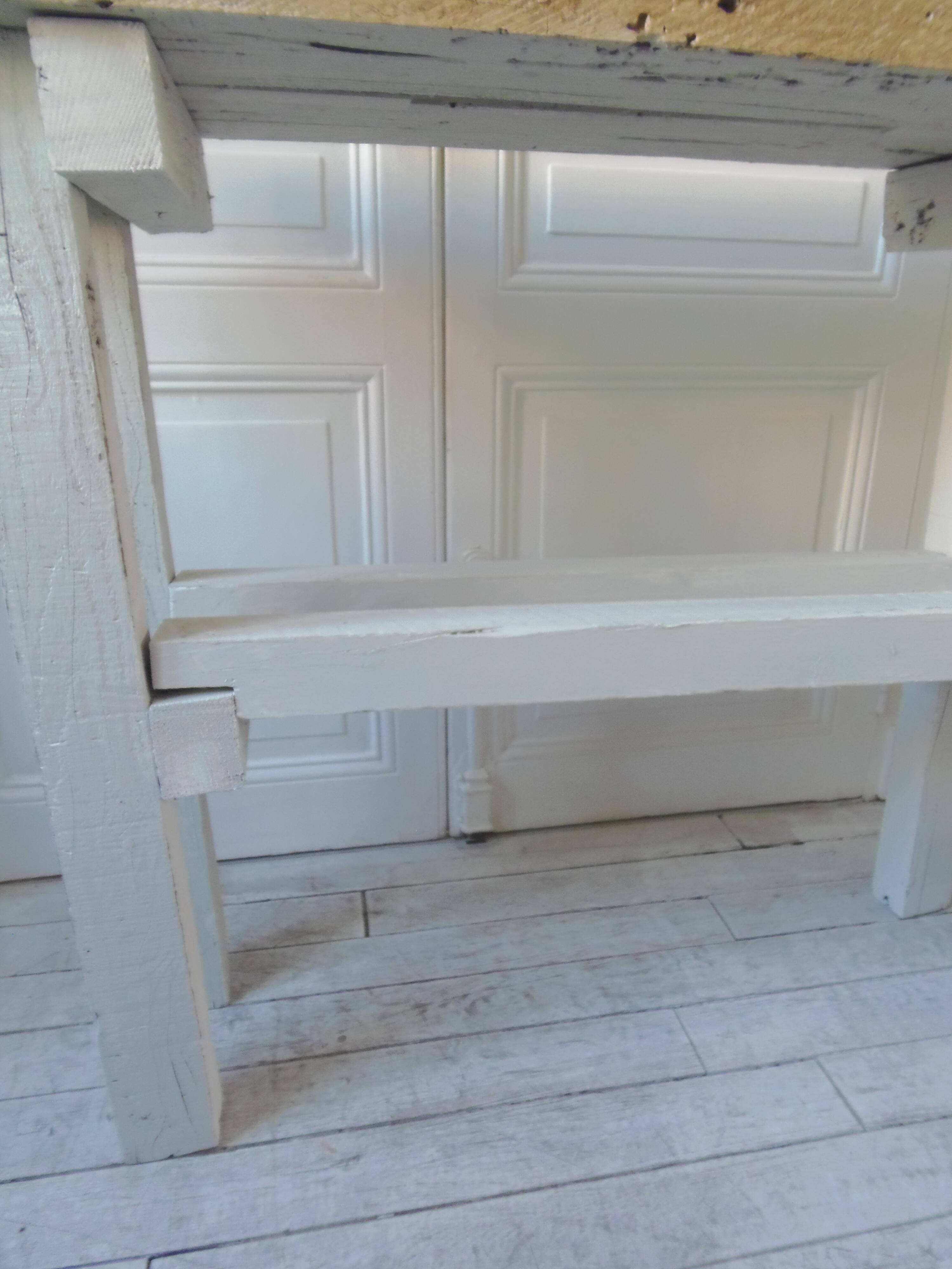 Vintage workbench with pearl gray patinated base and wooden top