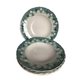 5 assiettes creuses Sarreguemines bord ondulé bleu fleurs blanches