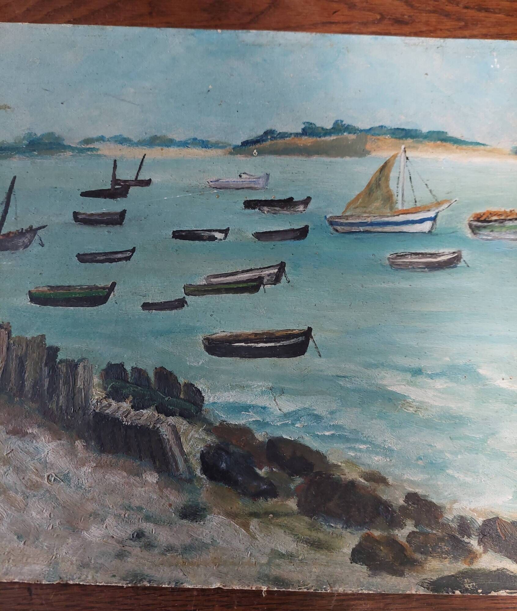 Oil painting on seaside marine cardboard