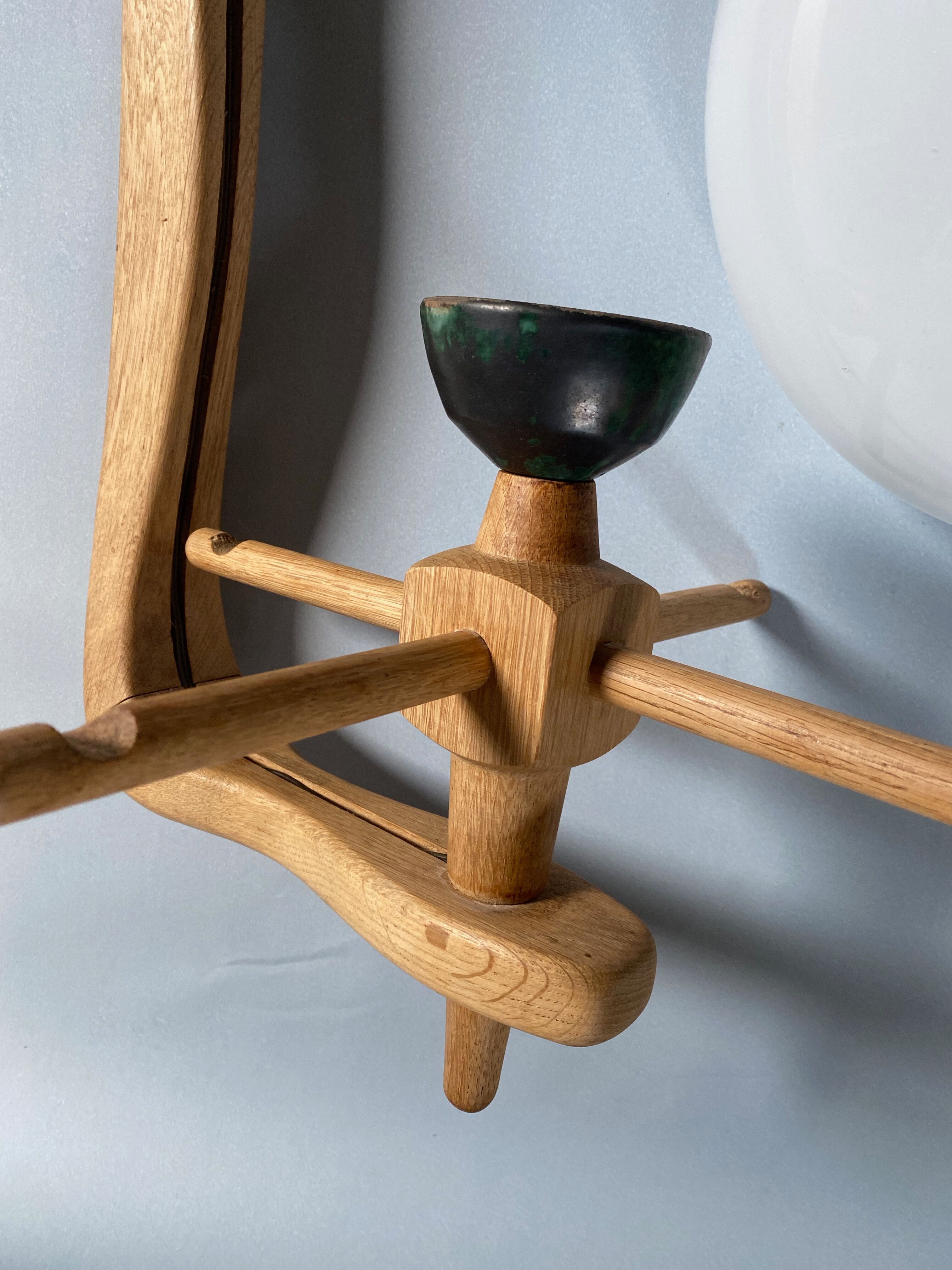 Oak ceiling lamp Guillerme & Chambron 1950