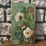 Tableau ancien fleurs posées pivoine huile sur toile
