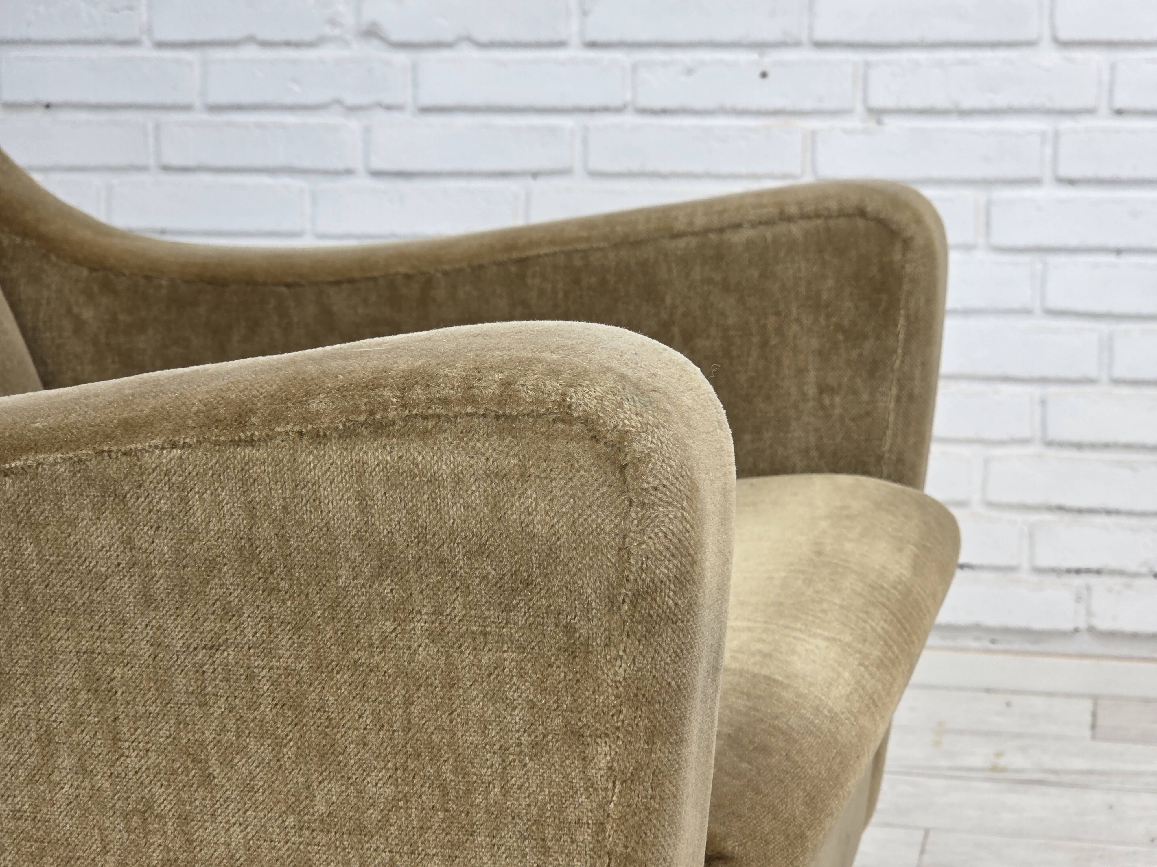 1970s, Danish armchair, original green furniture velour, teak wood legs.