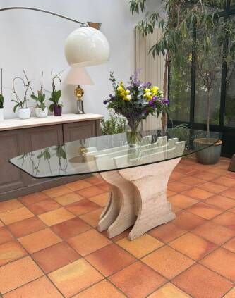 Large vintage dining table in beige stone and glass – 220 cm