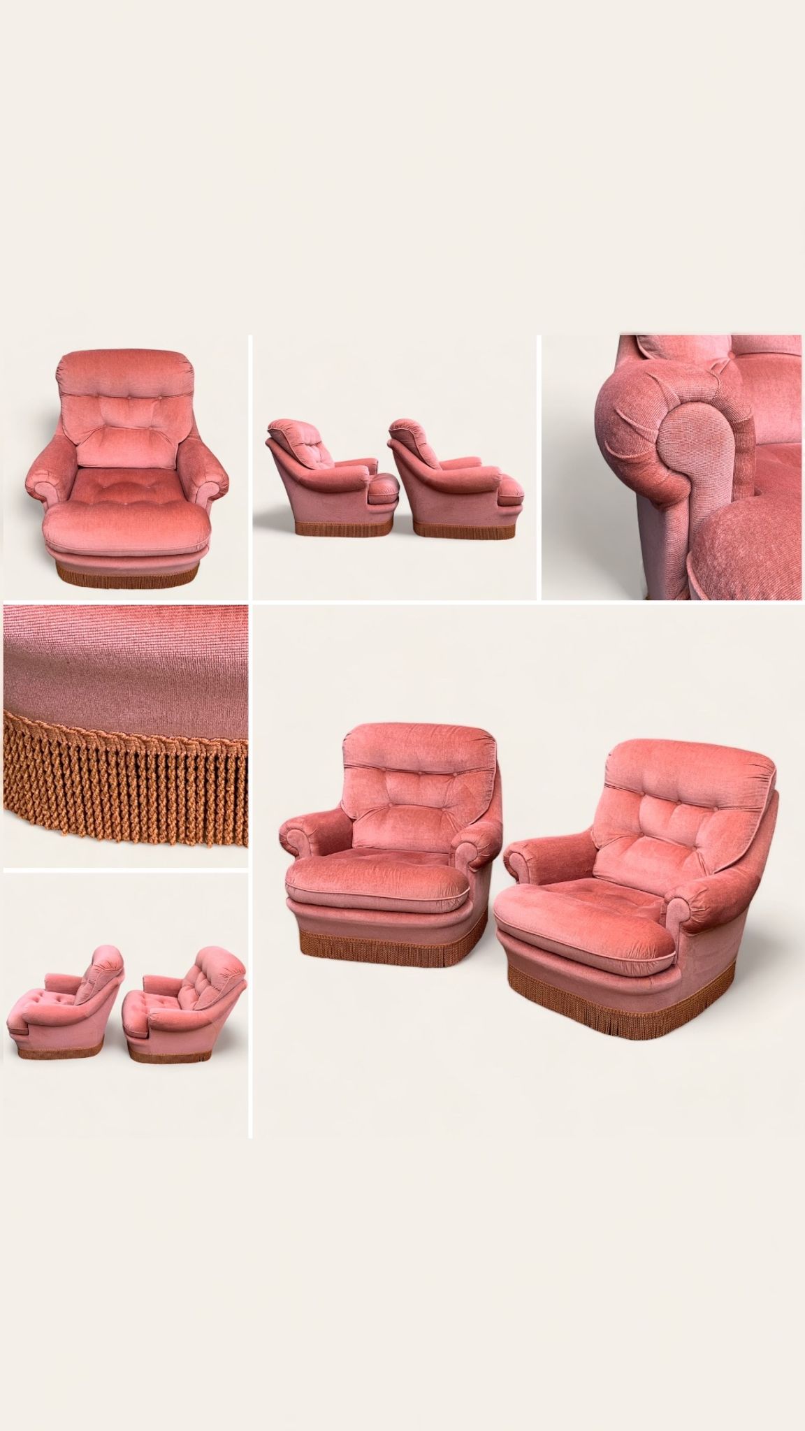 Pair of pink tufted velvet frog chairs 1970