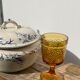 Amber stemmed glasses with vintage fruit decoration - Old brown glasses