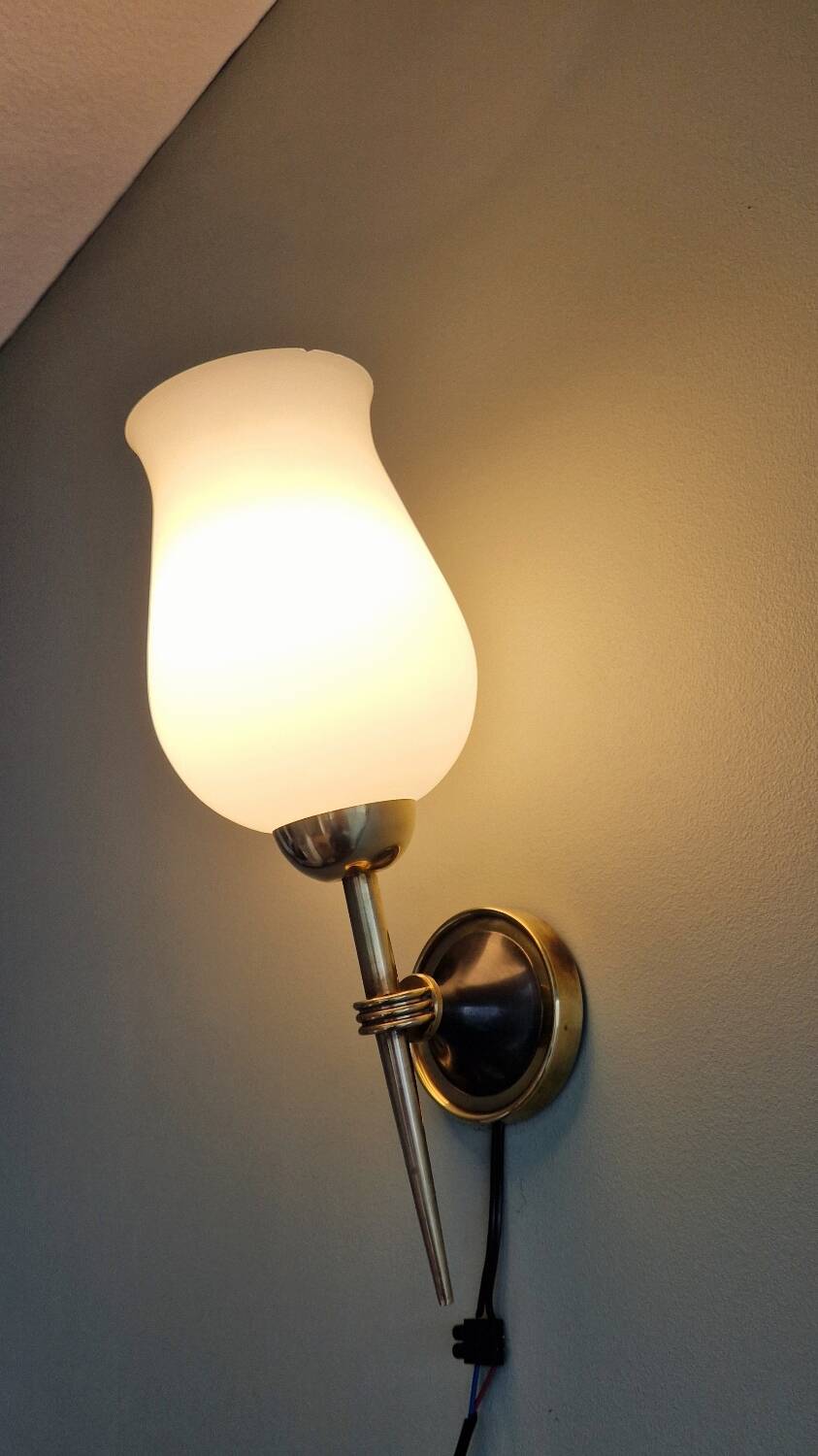 Pair of opaline and brass wall lights, 1950