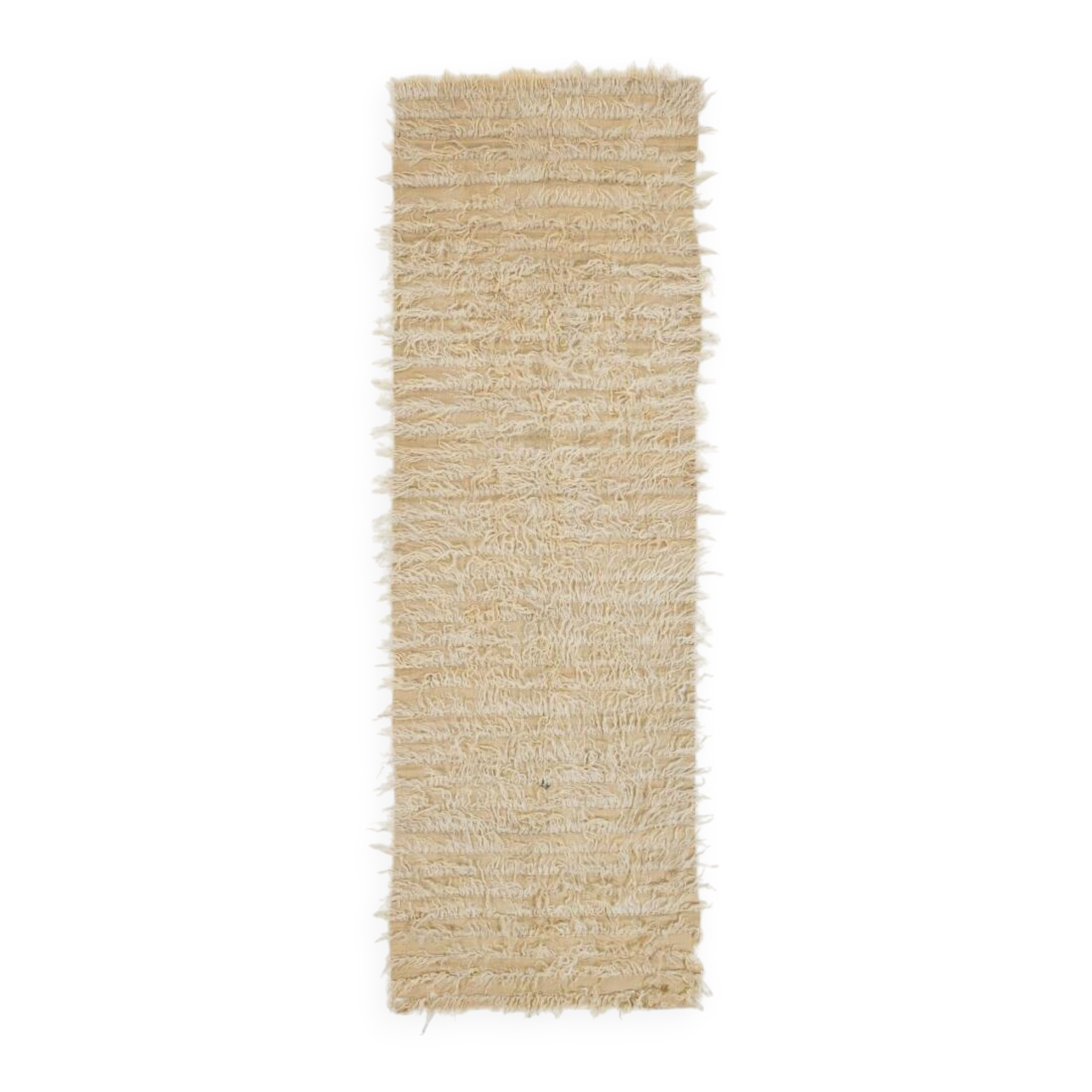Minimalist Vintage Handknotted Ivory Tulu Runner Rug, 100% Undyed Mohair Wool