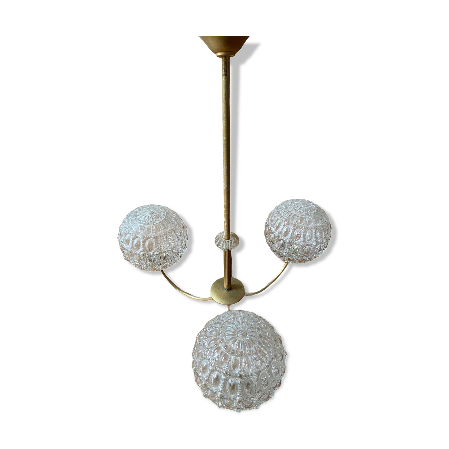 3-branched chandelier in brass and moulded glass