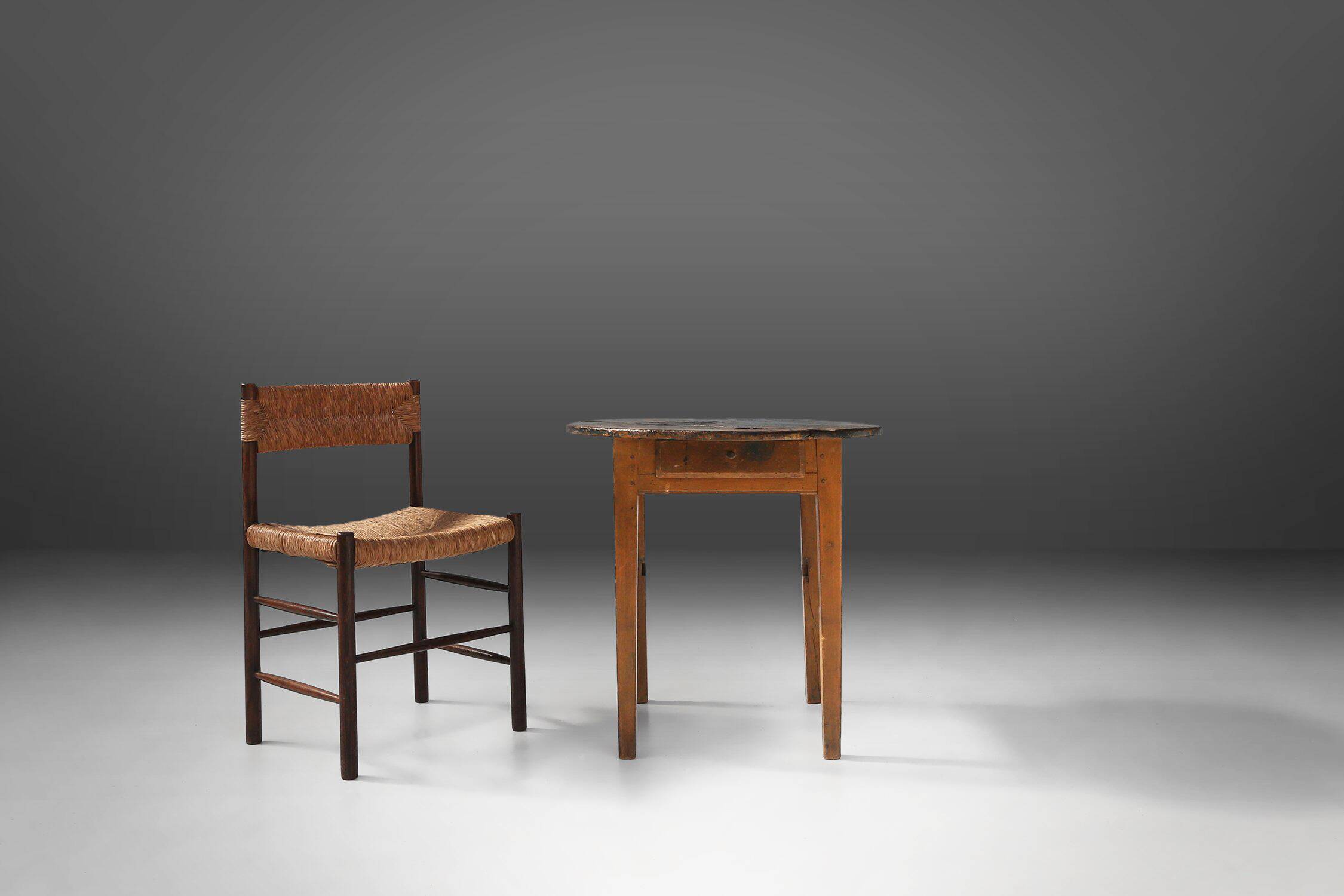 French Round Side Table in Oak with Blue Top, 1850s