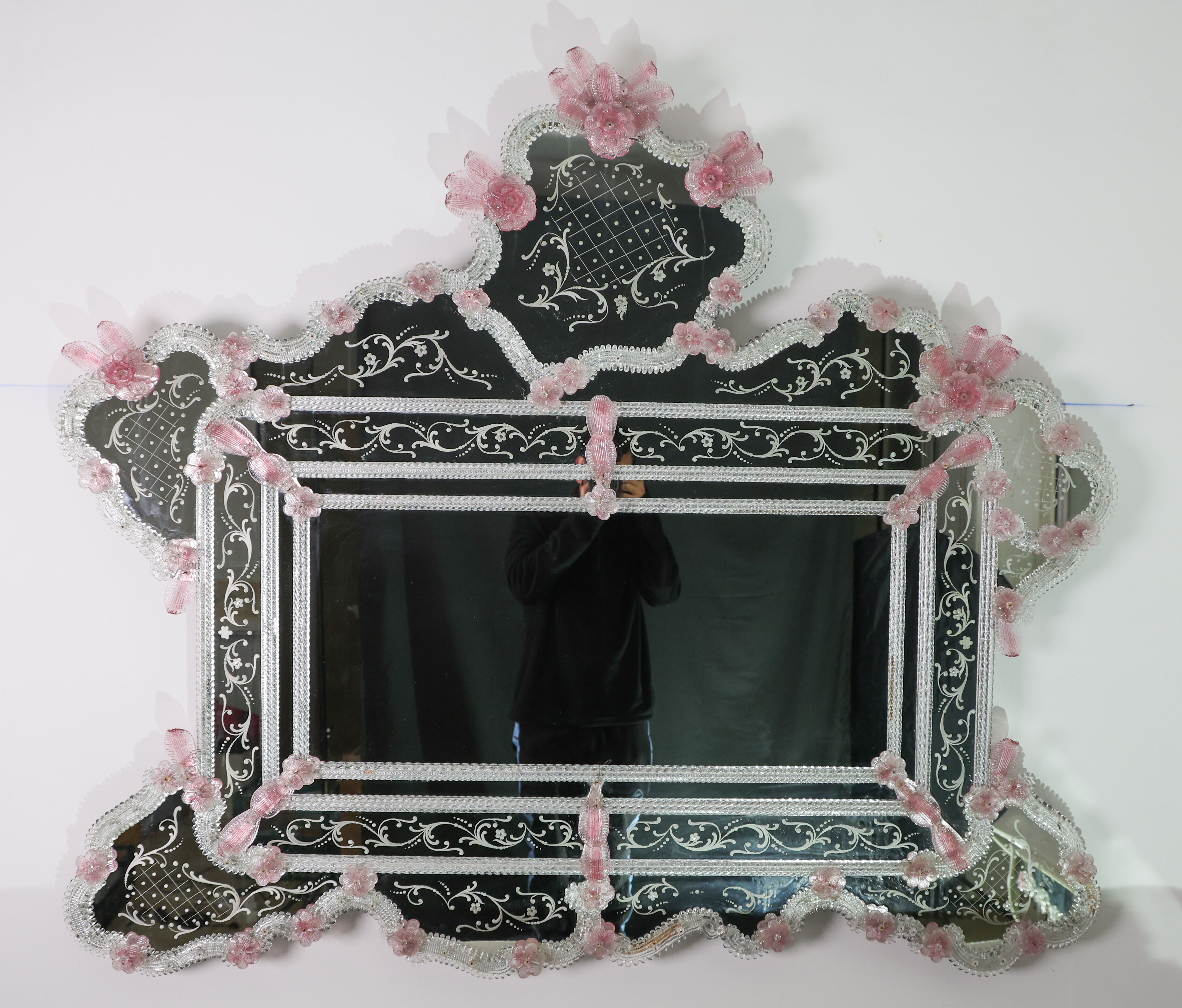 Exceptional Extra Large Size Vintage Pink Murano Glass Wall Mirror, 1950s