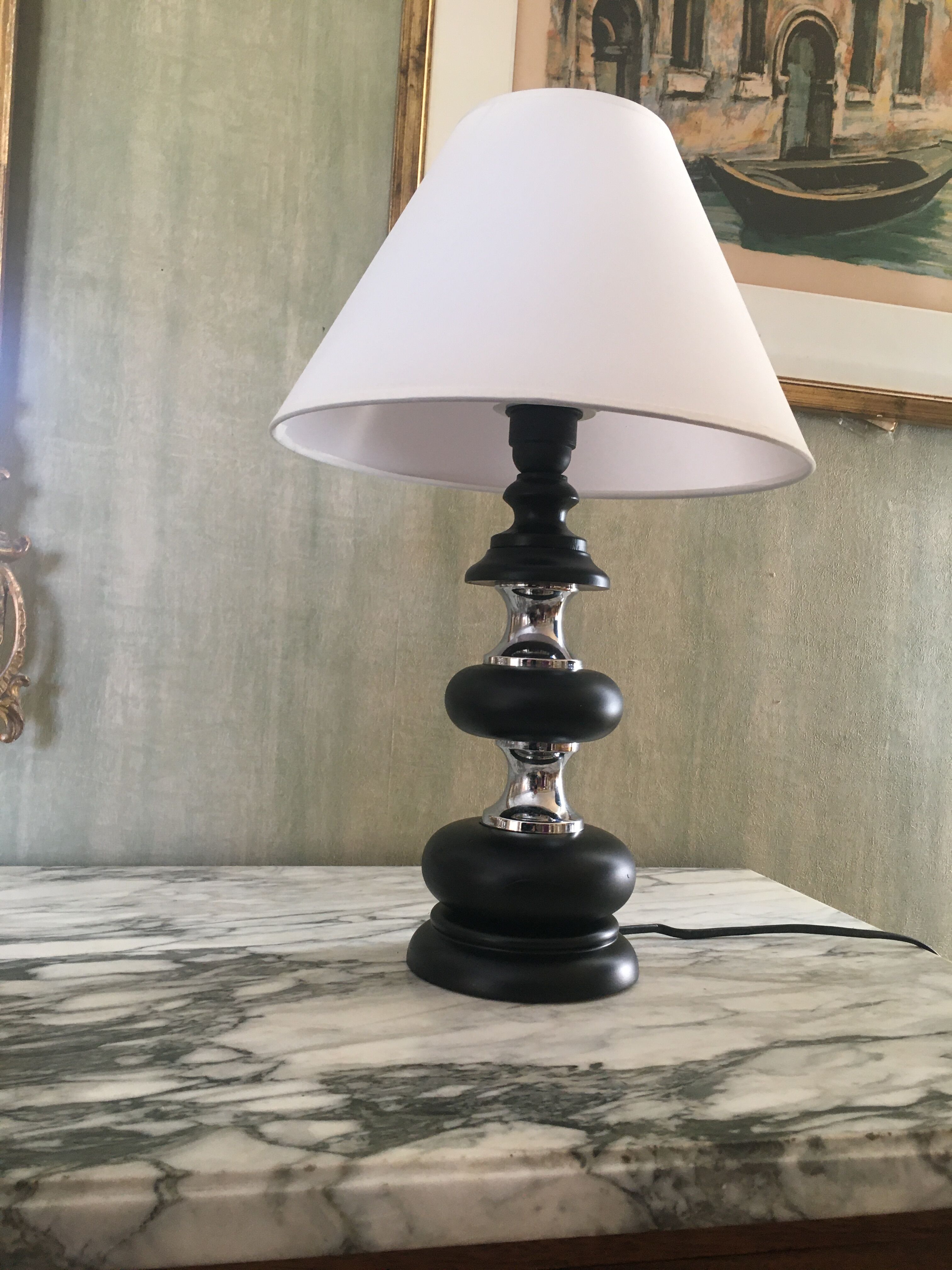 Black wooden lamp chrome braces