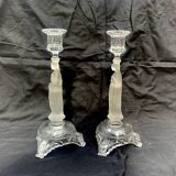 Paire d'anciens bougeoirs enverre Marie et Jésus