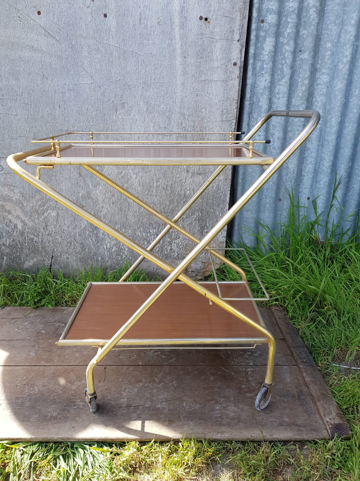 Ancient Dessert Table On Roulettes Golden Metal - Formica 70s Vintage