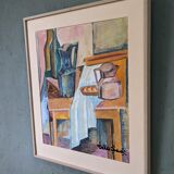 Mid-century modern swedish interior still life 'tabletop setting', vintage framed watercolour
