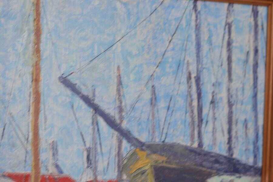 Original Swedish oil on panel – “Moored Boats” by Olle Anderson – vintage & framed – 44 × 51 cm