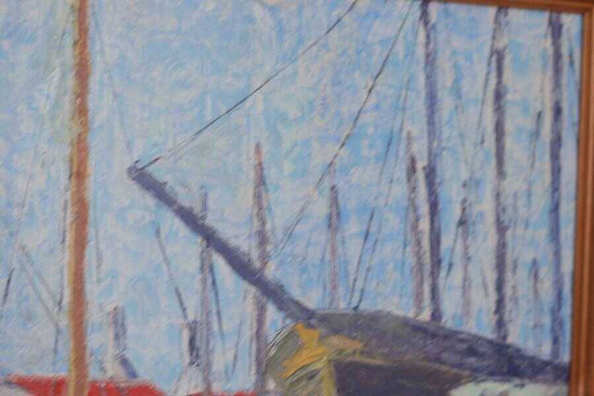 Original Swedish oil on panel – “Moored Boats” by Olle Anderson – vintage & framed – 44 × 51 cm
