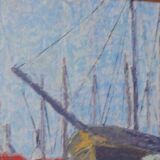 Original Swedish oil on panel – “Moored Boats” by Olle Anderson – vintage & framed – 44 × 51 cm