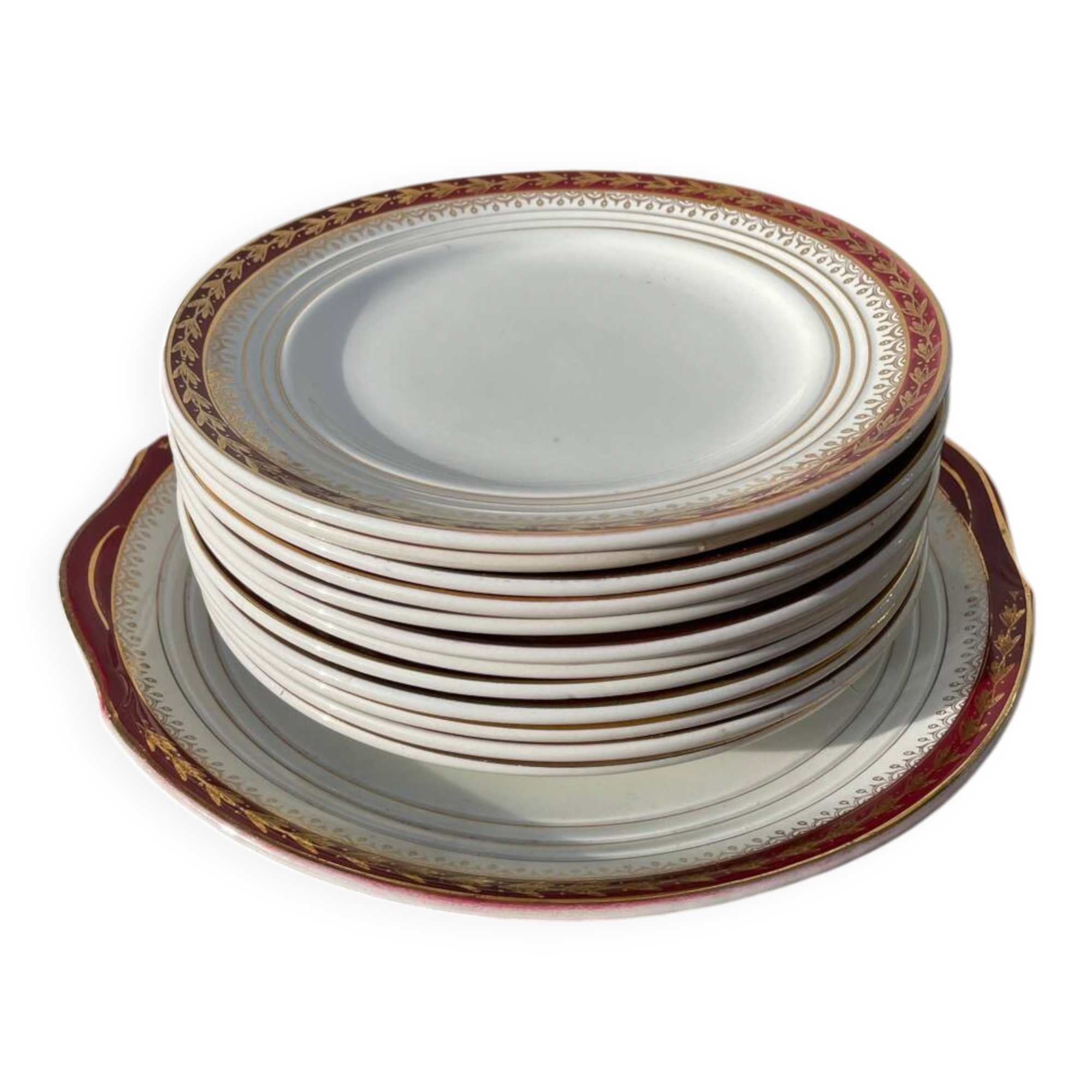Saint Amand Empire style dessert plate service with 12 gold plates