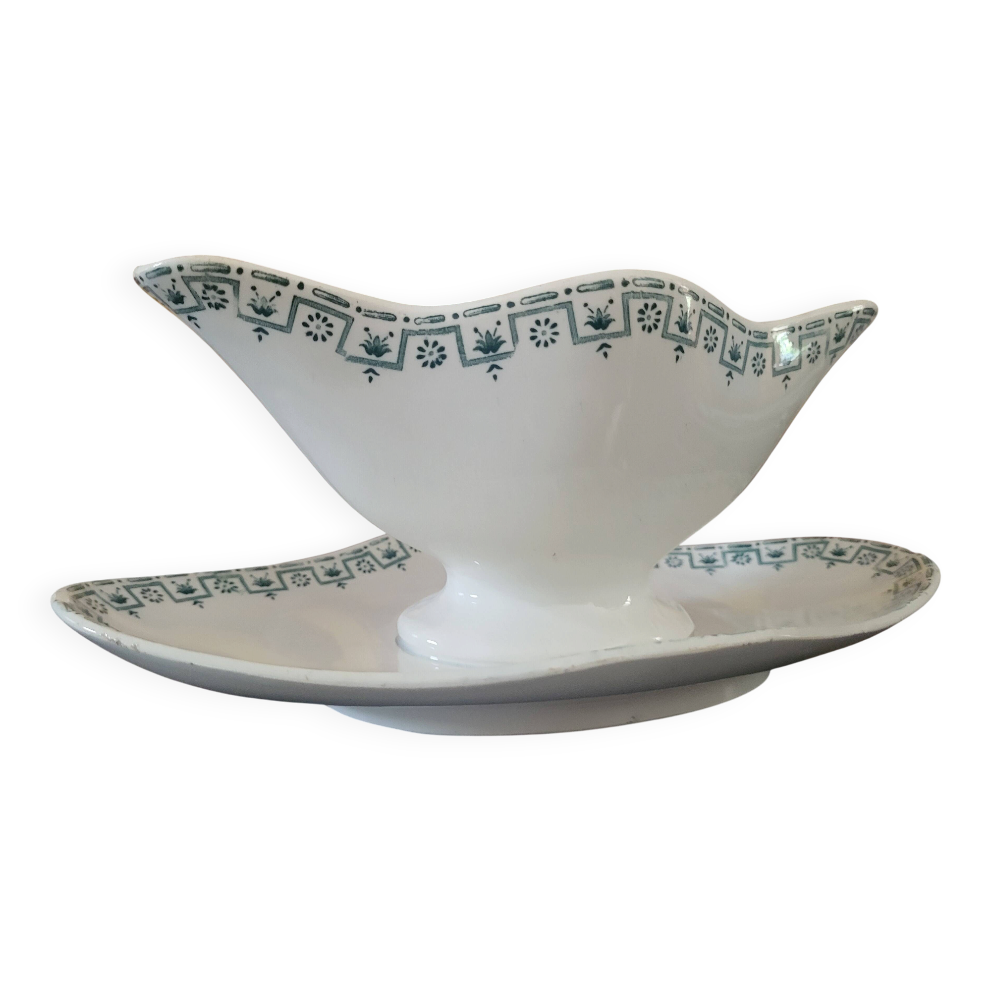 Saucière ancienne Terre de Fer – Porcelaine Opaque de Gien – décor vert géo