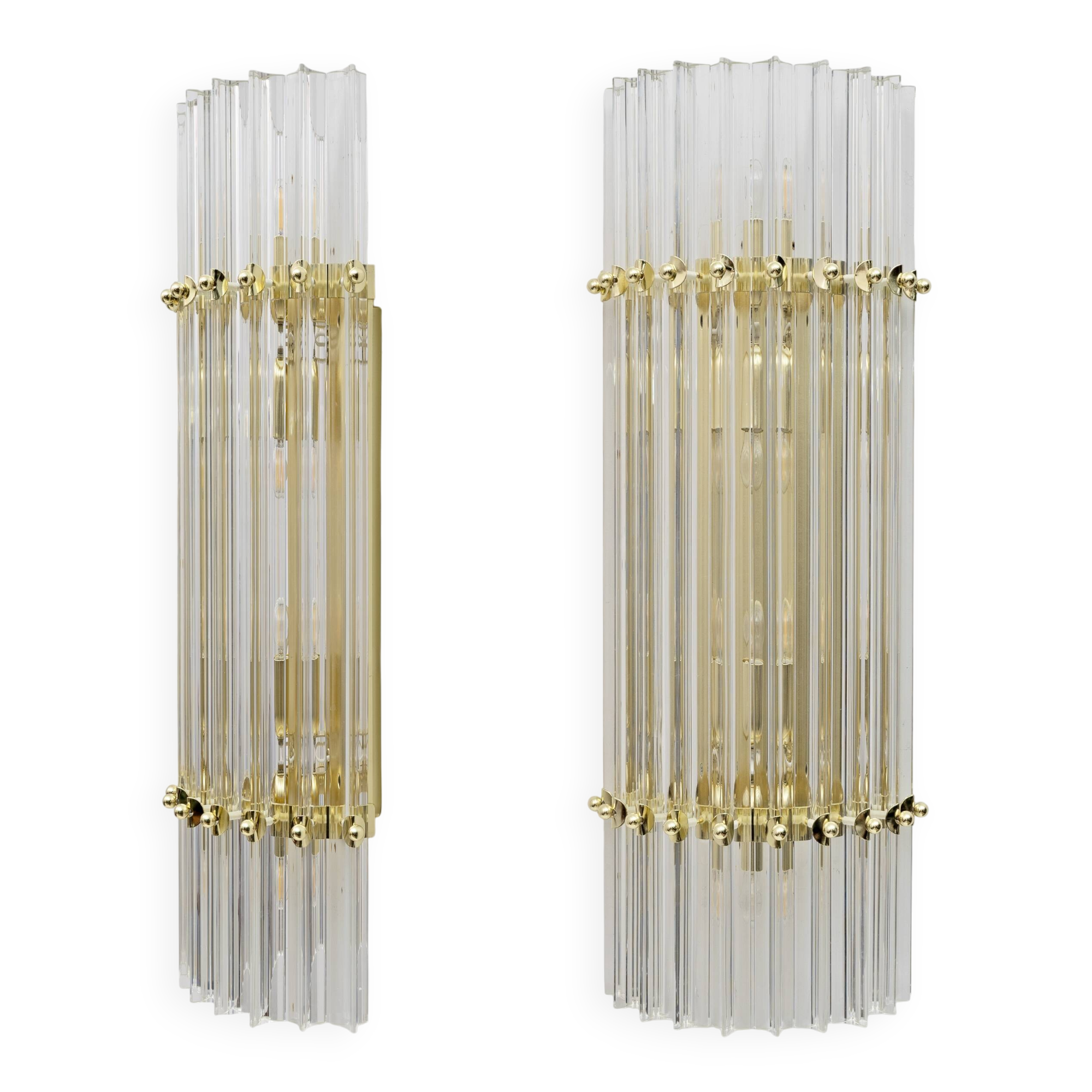 Pair of Venini Style Mid-Century Brass and Murano Glass "Triedri" Sconces