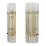 Pair of Venini Style Mid-Century Brass and Murano Glass "Triedri" Sconces