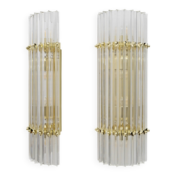 Pair of Venini Style Mid-Century Brass and Murano Glass "Triedri" Sconces