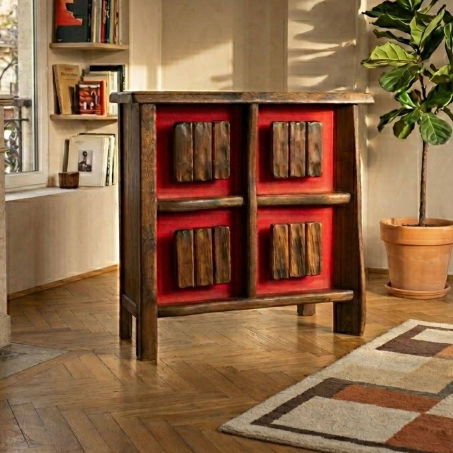 Cabinet de bar rétroéclairé brutaliste des années 70, en bois massif, style scandinave.
