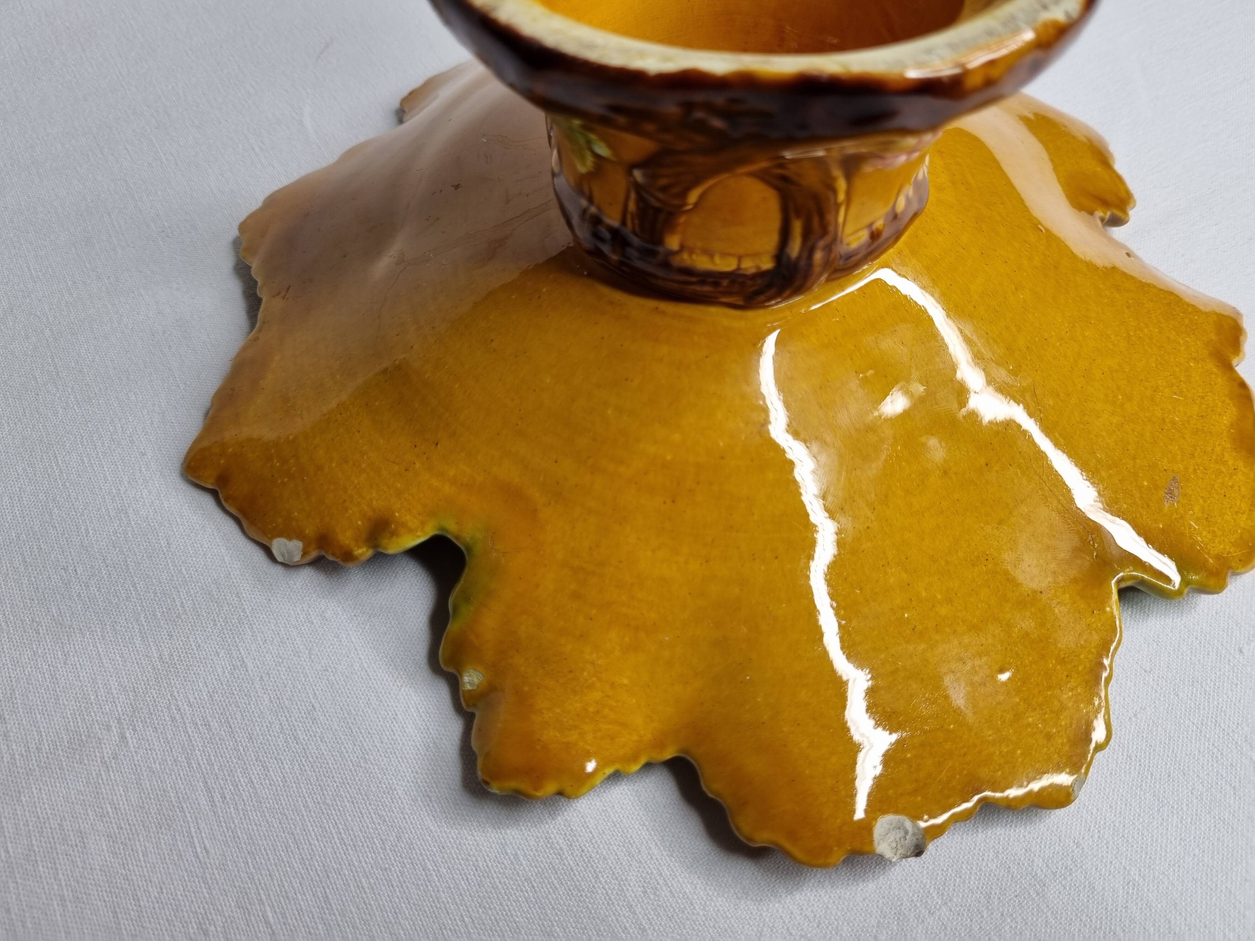 Old Villeroy and Boch compotier, decorated with green and ocher vine leaves, 1900